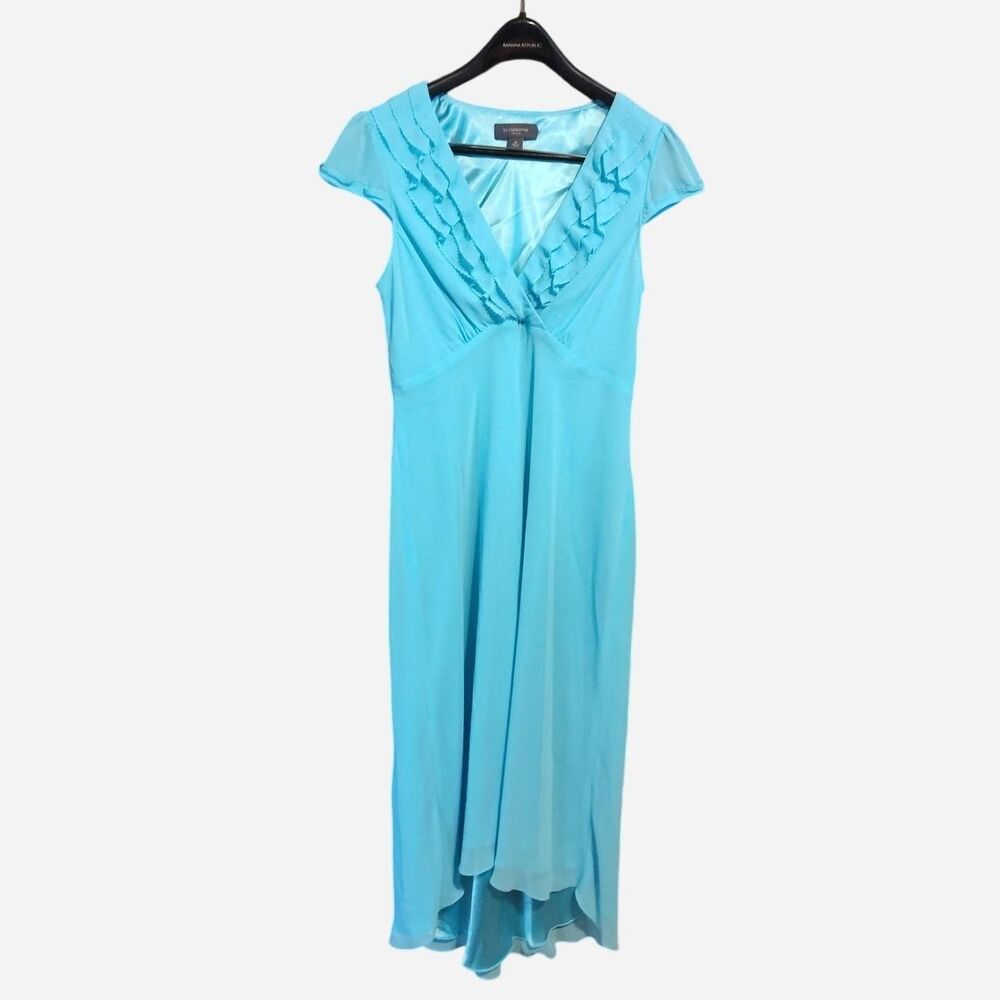 Liz Claiborne Blue Maxi Dress Ruffles Beaded Details Double Layer Womens 16
